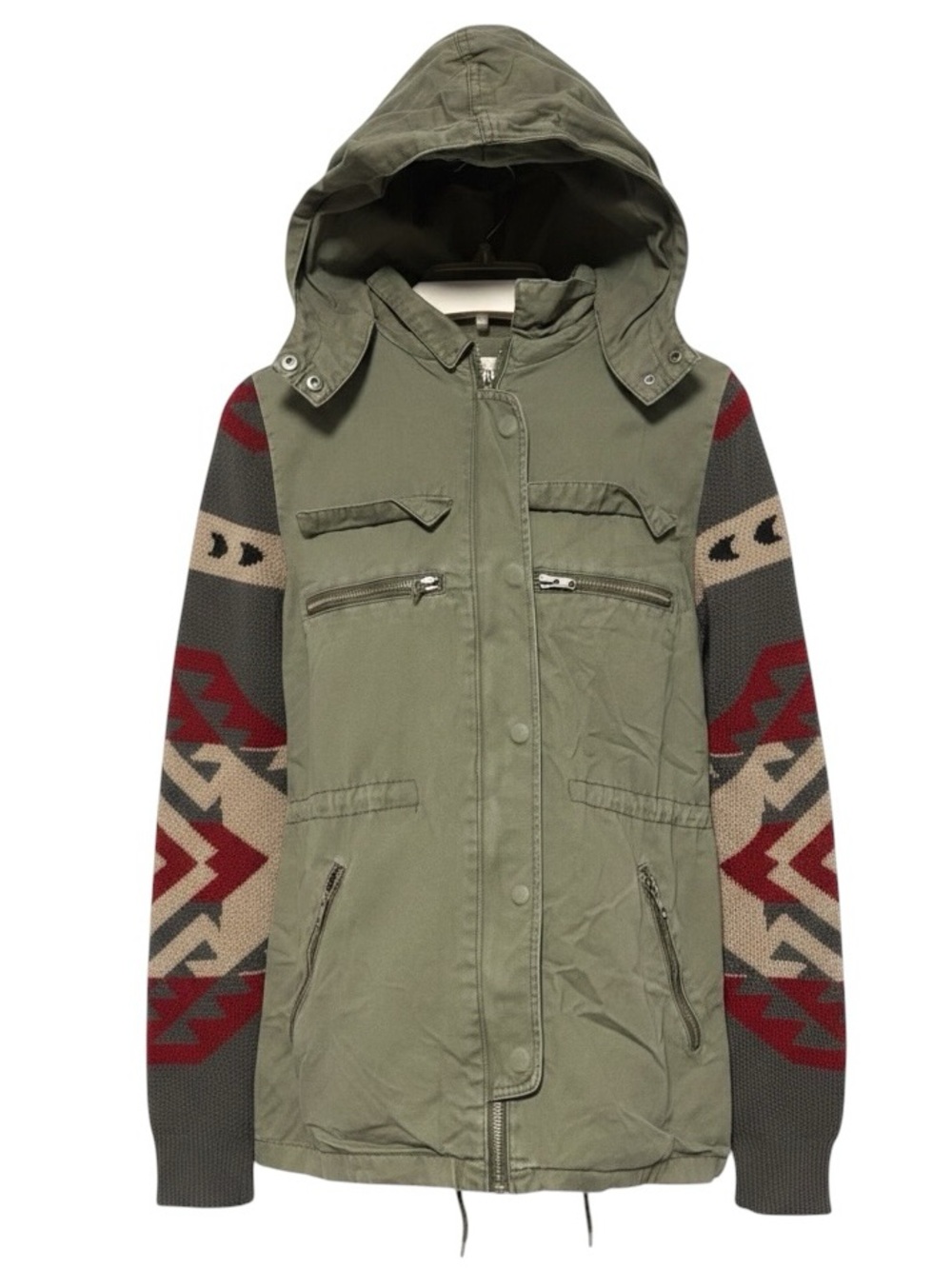 THREAD & SUPPLY OLive Utility Jacket Aztec Knit Sleeves Hood Size M